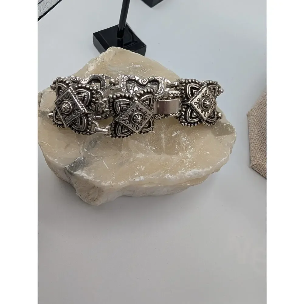 Brighton Ornate Silver Tone Link Bracelet Tribal Bohemian Style Box Clasp 7 Inch